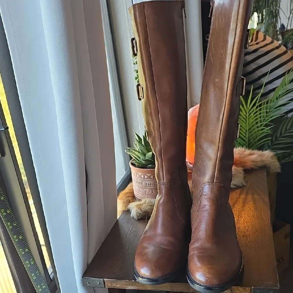 Ecco Brown Knee High Leather Moto Boots with Buckles 37